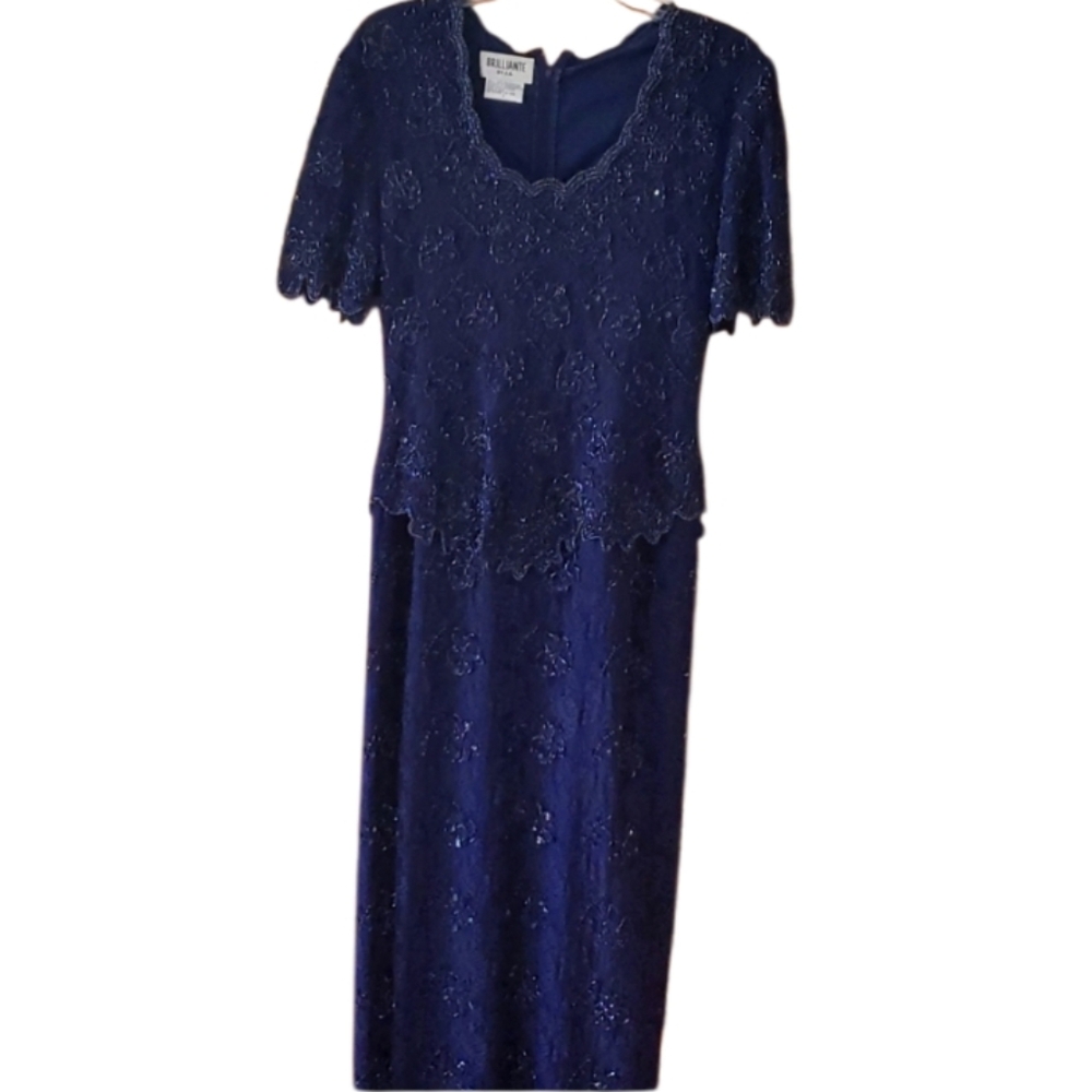 Brilliante by J.A. Womans‎ Navy Sequin and Beaded Long Formal Dress Size Large